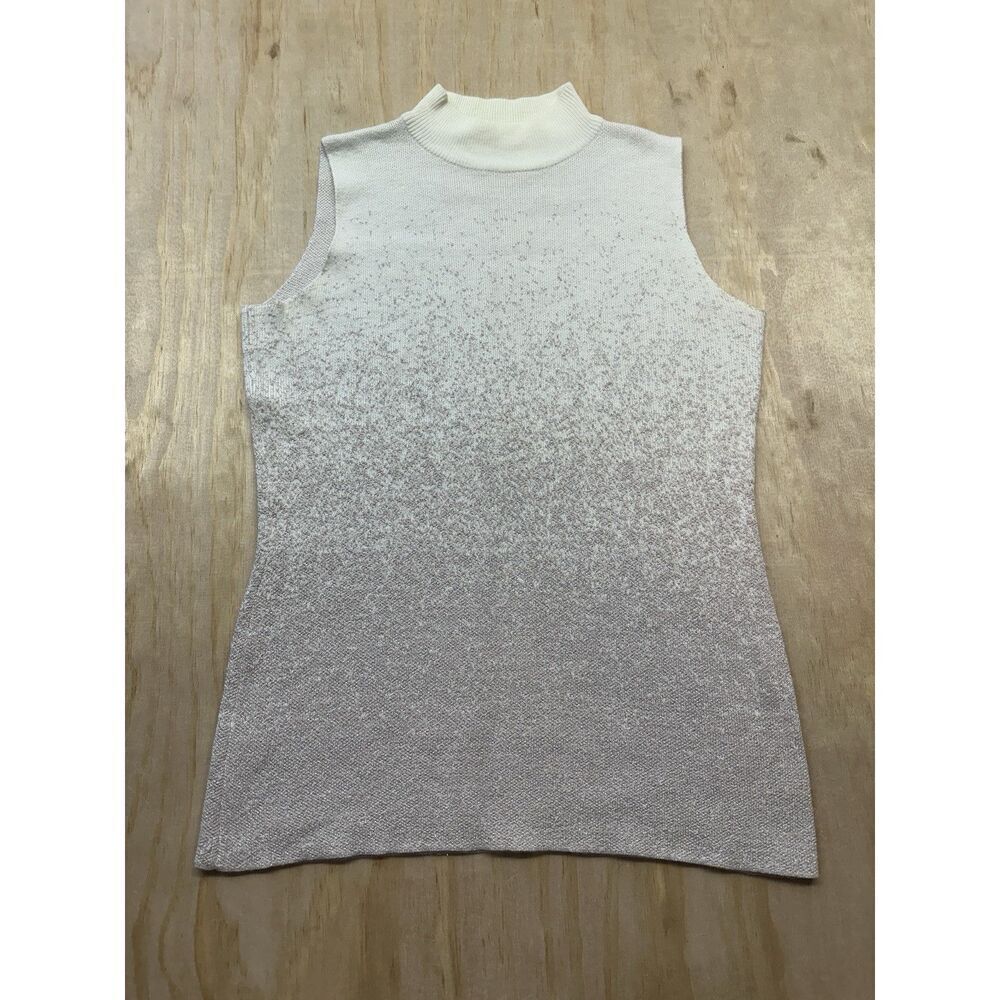 Tahari Mock Neck Sleeveless Sweater‎ Ivory Pink Silver Specks Rayon Blend Medium